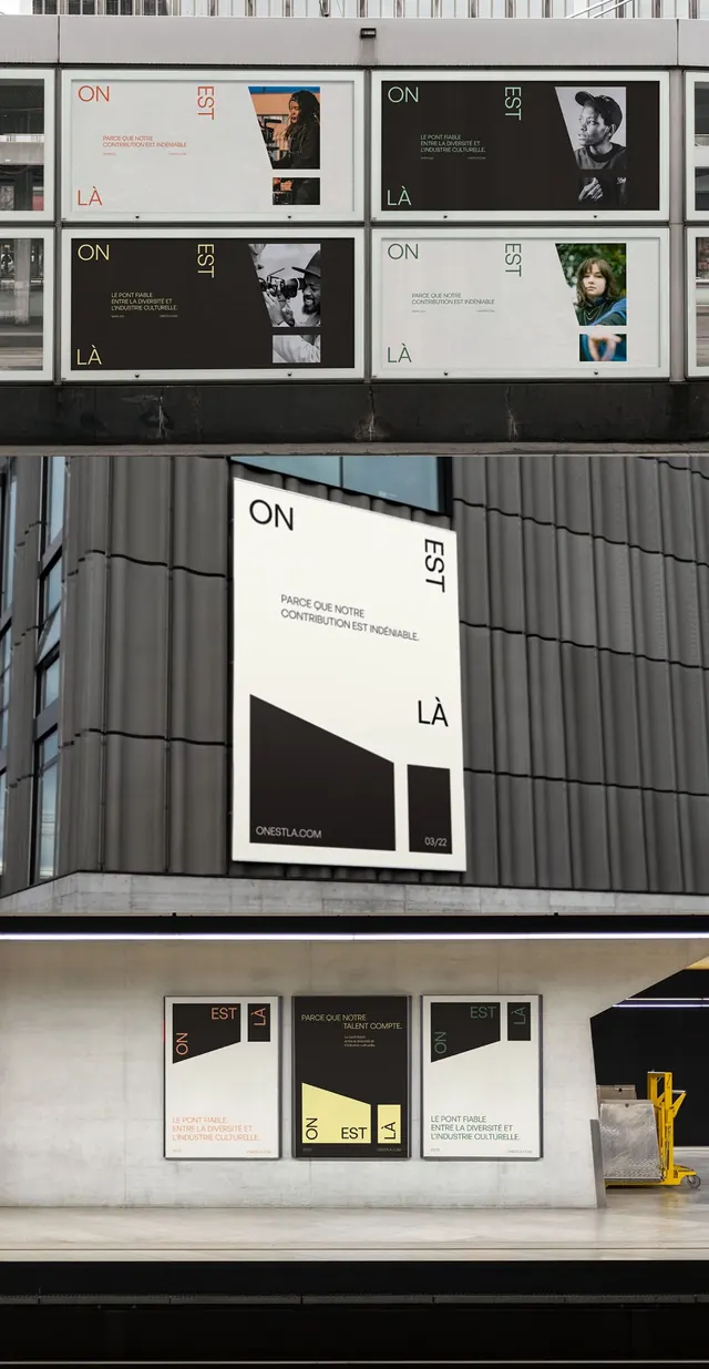 On/Est/La modular exhibition identity, minimal, geometric, dark