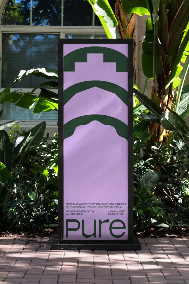 Pure brand vertical signage with geometric arches, minimal, geometric, dark