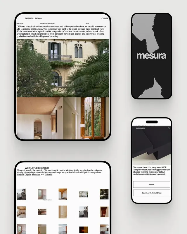 Torre Llimona architectural brand guideline spread, editorial, minimal, light