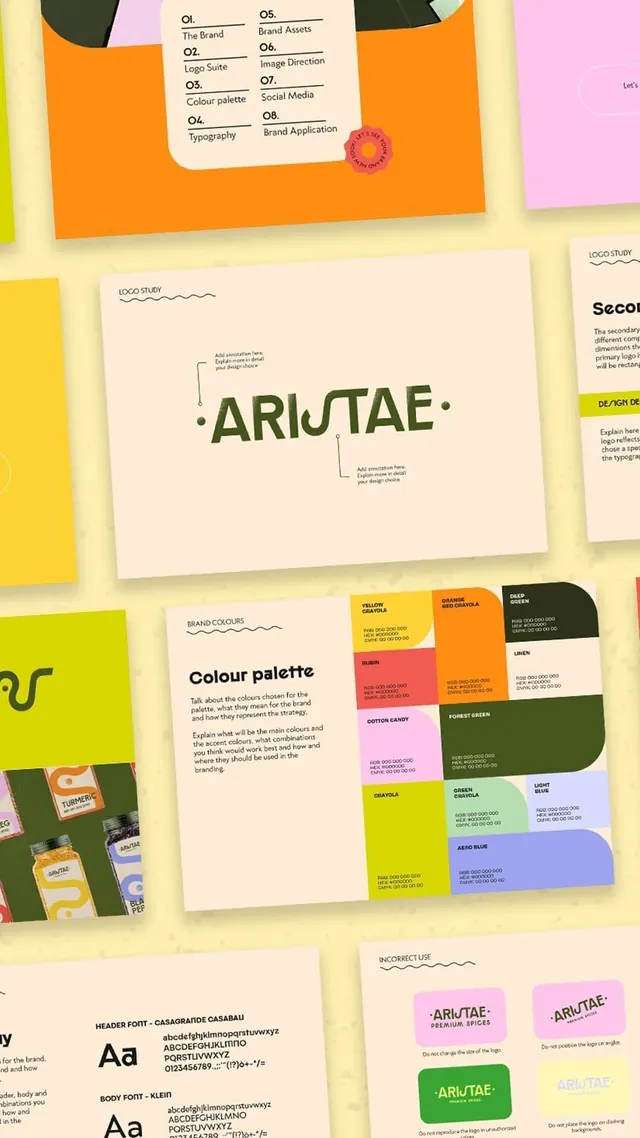 Aristae brand guidelines system mockup, minimal, editorial, vibrant