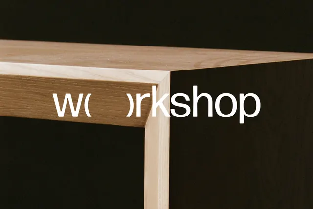 Workshop type on wood miter, minimal, photographic, dark
