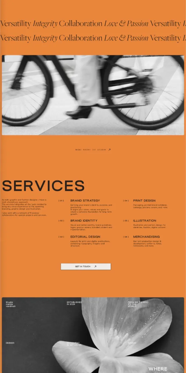 Orange and monochrome editorial service layout, minimal, geometric, dark