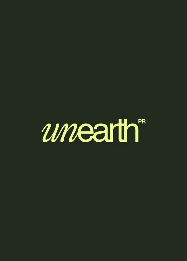 Unearth PR logotype with italic serif weight, minimal, corporate-clean, neon