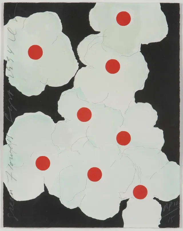 Organic floral mark with red accents, minimal, organic, dark
