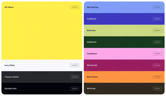 Named color palette system with hex reference, flat, minimal, warm