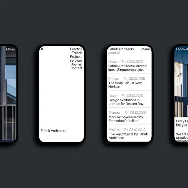 Fabrik Architects website mobile view, minimal, dark-mode, dark