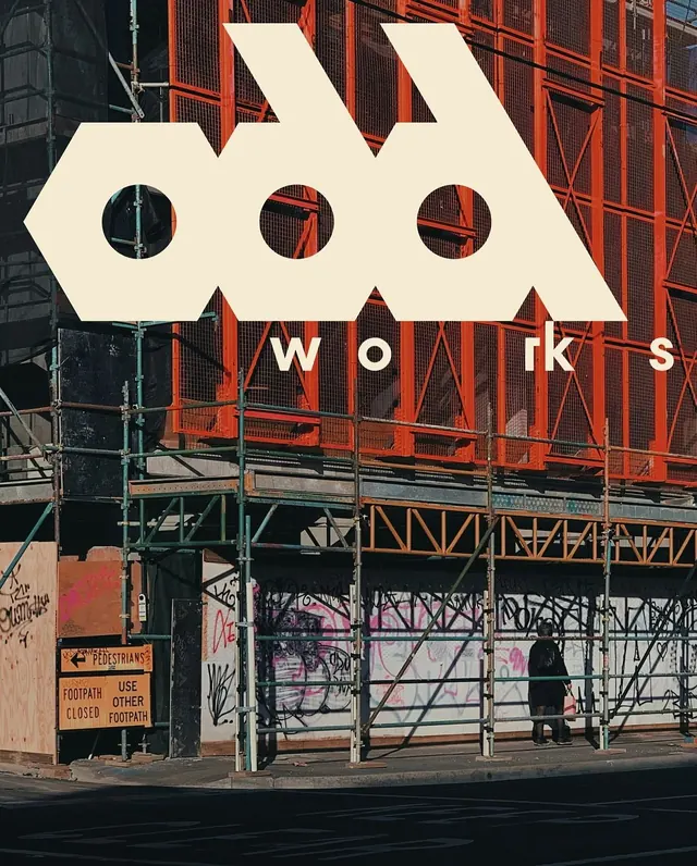Industrial outdoor sign with geometric wordmark, minimal, geometric, light
