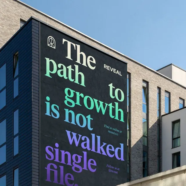 The Reveal neon billboard branding, minimal, corporate-clean, dark