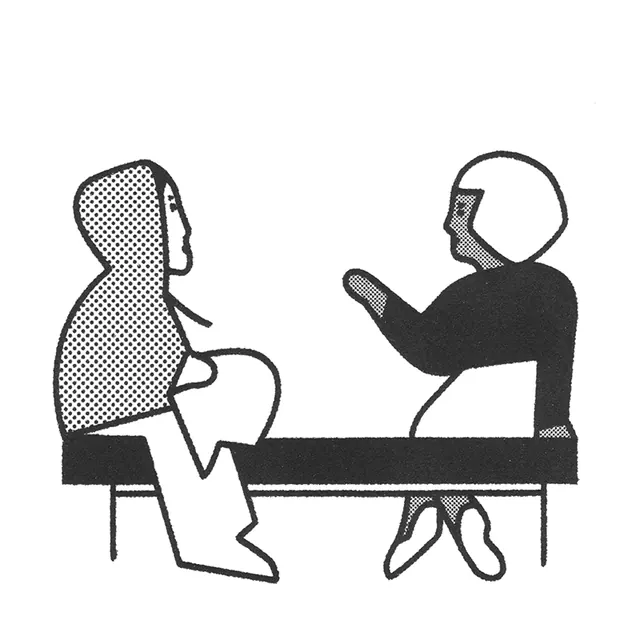 Two-figure conversation illustration, minimal, abstract, dark