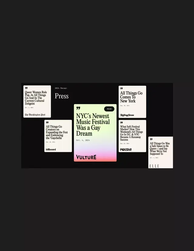 2024 press recap with floating card grid, minimal, editorial, dark