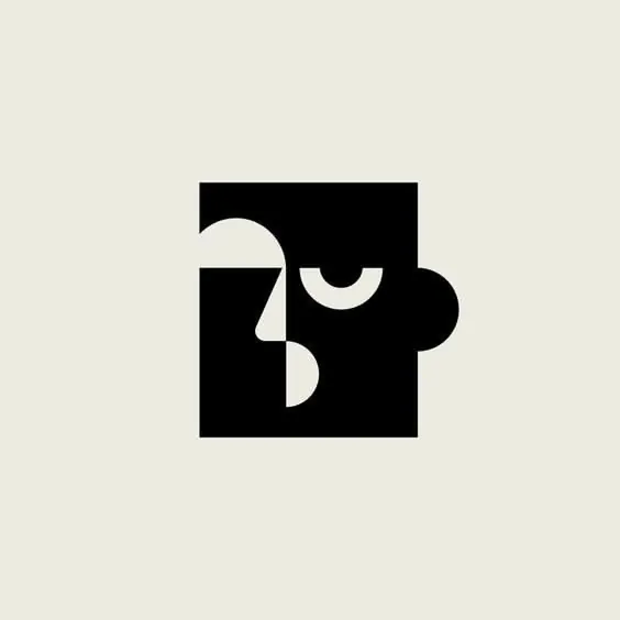 Black and white abstract puzzle face mark, minimal, abstract, dark