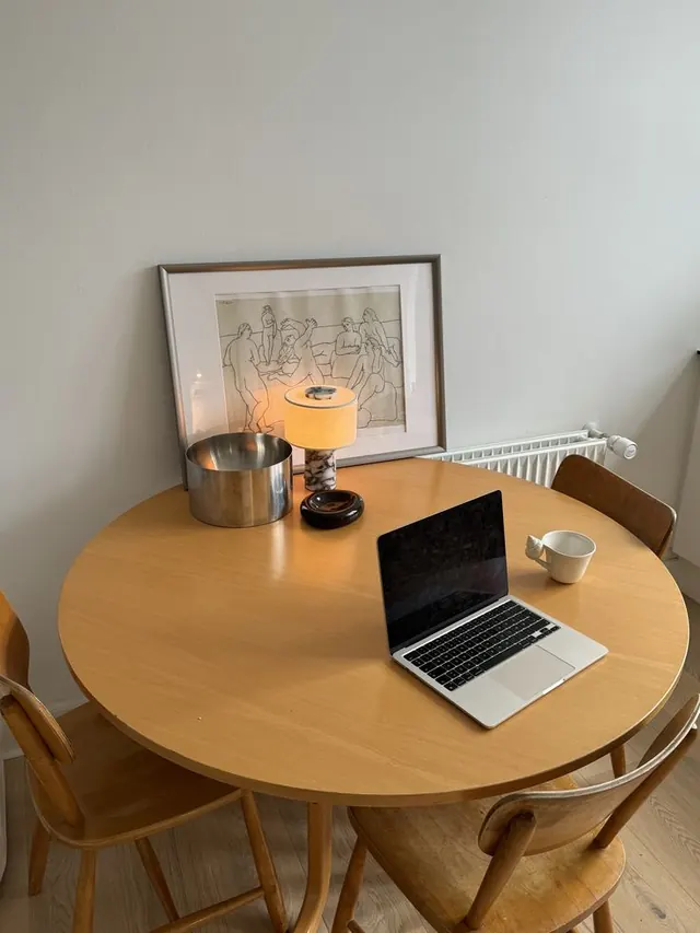 Warm minimalist workspace setup, minimal, organic, warm