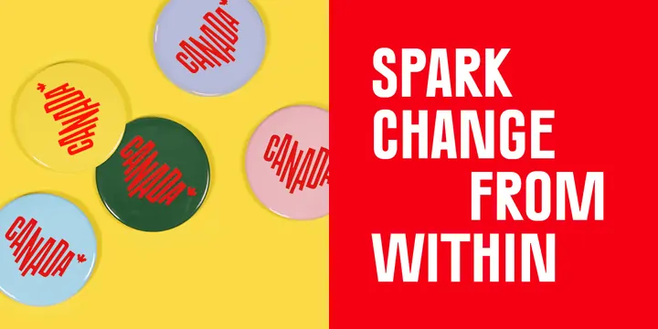 Canada pin badges and manifesto panel, photographic, typographic, vibrant