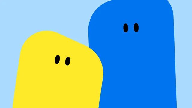 Carvertical blob characters, yellow and blue, flat, illustrated, vibrant