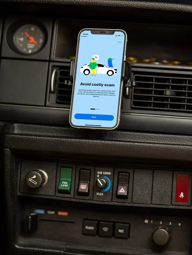 Carvertical app onboarding on a vintage dashboard, photographic, flat, cool