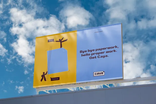 Caya rooftop billboard, bye bye paperwork, flat, illustrated, warm