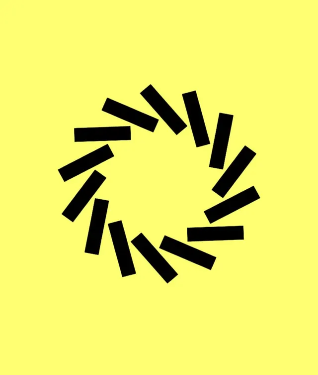 Black radial bars logo on bright yellow, minimal, geometric, dark