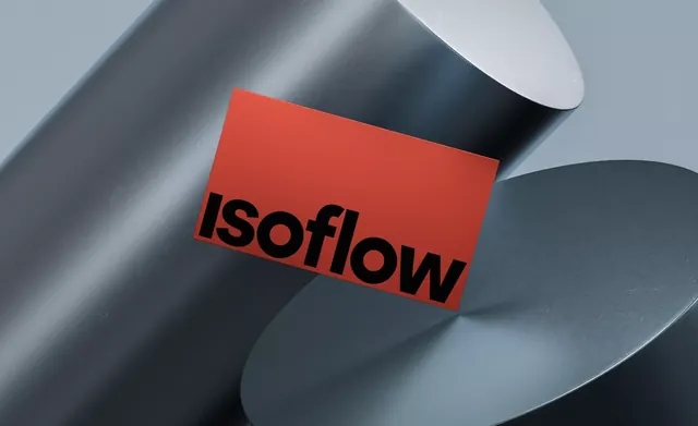 Isoflow geometric 3D label mockup, minimal, geometric, dark