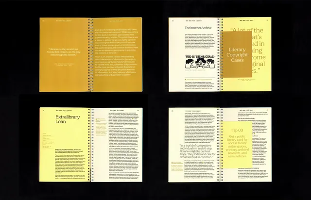 Archive publication with gold and cream pages, minimal, editorial, dark