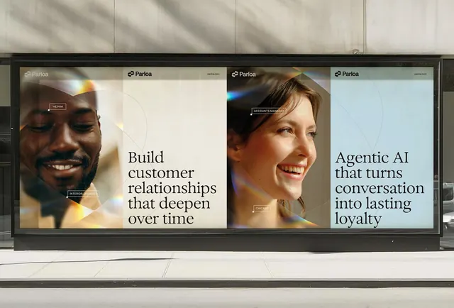 Parloa: bilingual billboard with serif headlines, corporate-clean, minimal, light