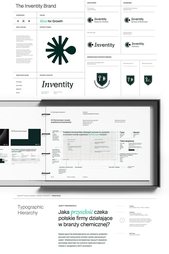 Comprehensive identity guideline system with logo variations, corporate-clean, minimal, dark