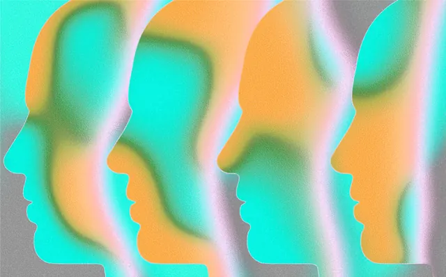 Gradient silhouette identity: teal-orange-pink profiles, gradient-heavy, abstract, cool