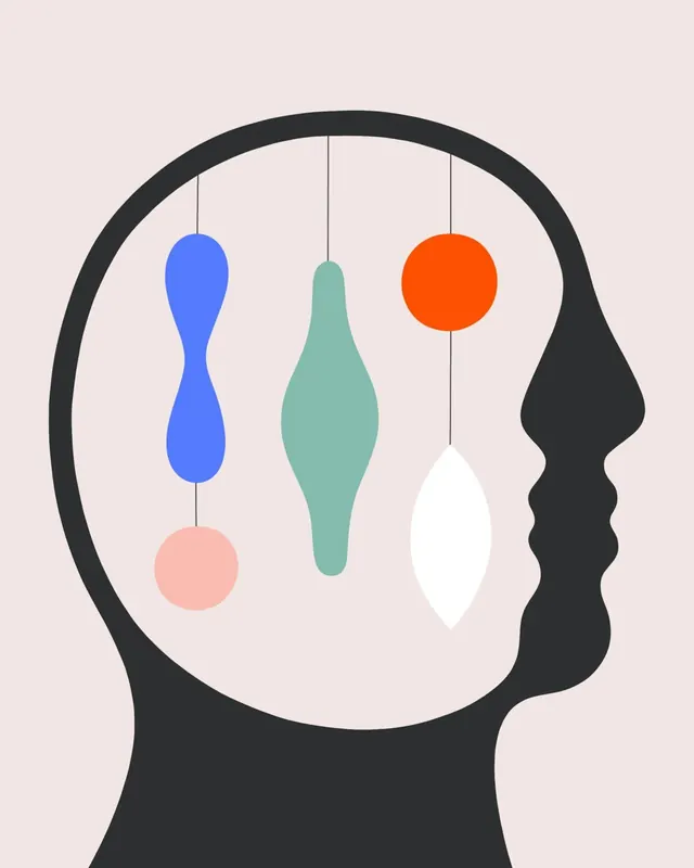 Silhouette head with suspended abstract shapes, illustrated, minimal, warm