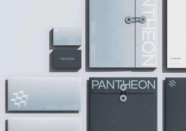 Pantheon identity system with modular mark and stationery, minimal, corporate-clean, dark