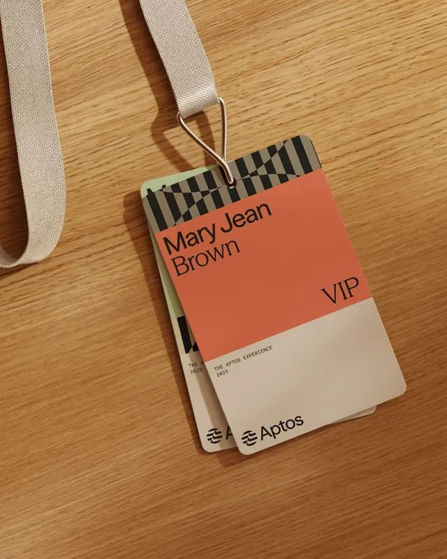 Aptos VIP event credential, minimal, corporate-clean, dark