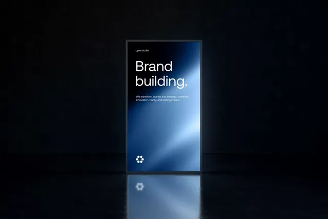 Oyre Studio brand identity: dark luxury with blue gradient, minimal, corporate-clean, dark