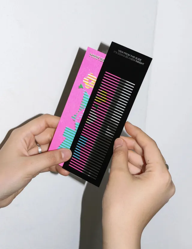 Neon pink and black striped card with geometric display type, minimal, editorial, dark