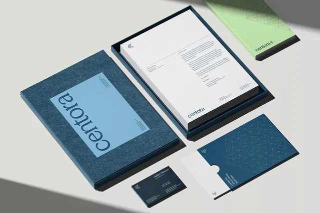 Corporate identity suite with stationery and color blocking, minimal, corporate-clean, light