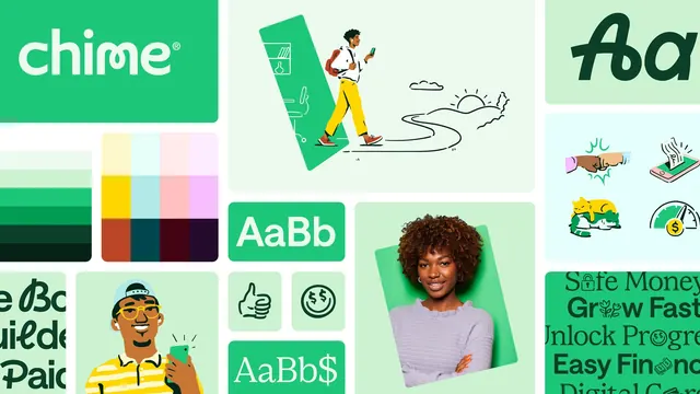 Chime identity system overview board, flat, illustrated, vibrant