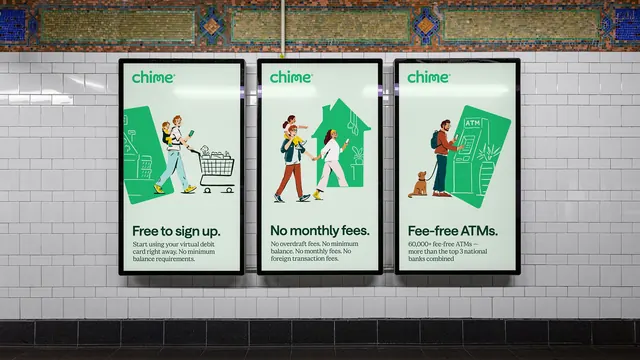 Chime subway screen triptych, illustrated, flat, light