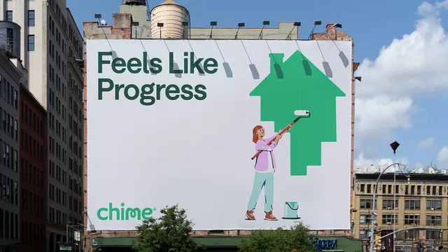 Chime Feels Like Progress building billboard, illustrated, minimal, light