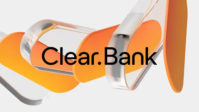 Clear.Bank wordmark over glass and orange forms, 3d-render, minimal, light