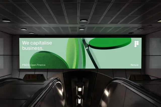 FSCO transit banner above an escalator, minimal, 3d-render, cool