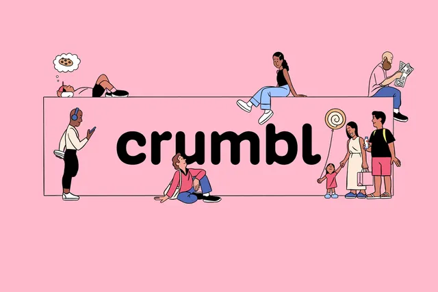 Crumbl wordmark key visual with line-drawn characters, illustrated, playful, light