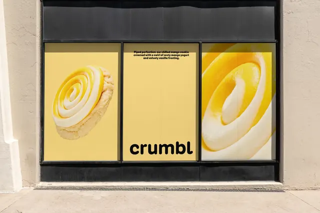 Crumbl yellow window poster triptych, minimal, photographic, warm