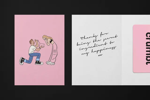 Crumbl greeting card and gift card set on black, illustrated, minimal, dark