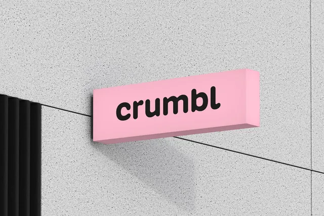 Crumbl pink projecting blade sign, minimal, playful, light
