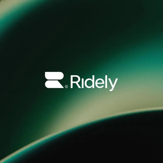 Ridely identity: minimalist wordmark with geometric mark, minimal, geometric, cool