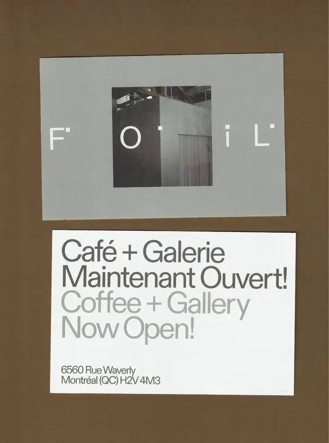 FOIL cafe gallery opening announcement, minimal, editorial, light