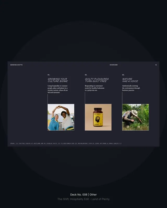 Dark editorial deck with numbered value propositions, dark-mode, editorial, dark