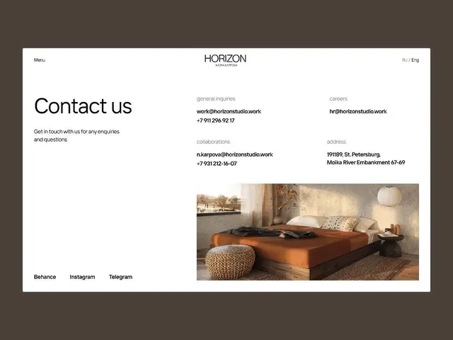 Horizon Studio contact page, minimal, corporate-clean, light