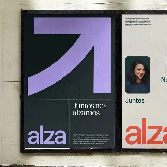 Alza nonprofit brand: curved arrow logo with purple gradient, geometric, gradient-heavy, dark
