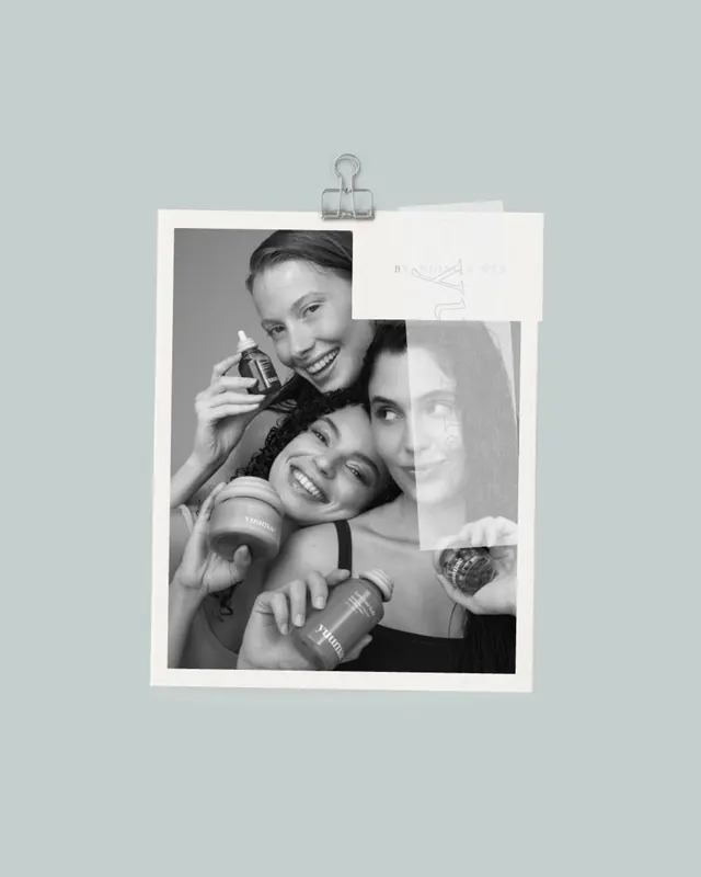 Beauty product packaging with layered portrait photography and minimal text overlay, minimal, photographic, dark