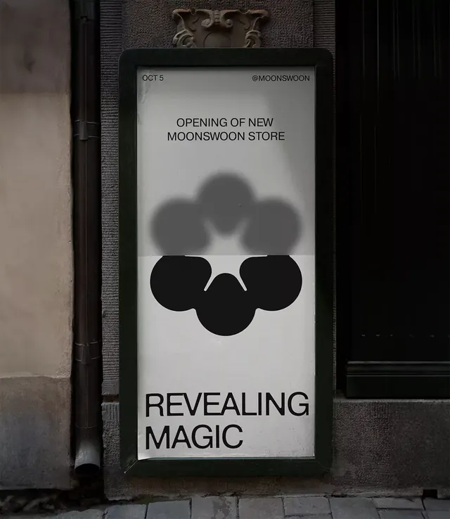 Window poster for boutique store opening, minimal, monochrome, dark