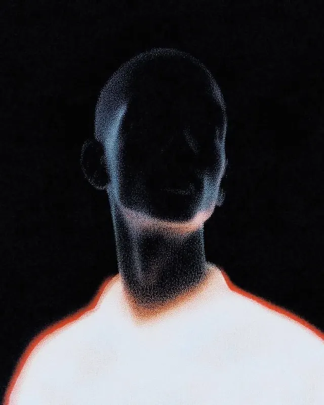 Dotted portrait with neon outline glow, minimal, abstract, dark