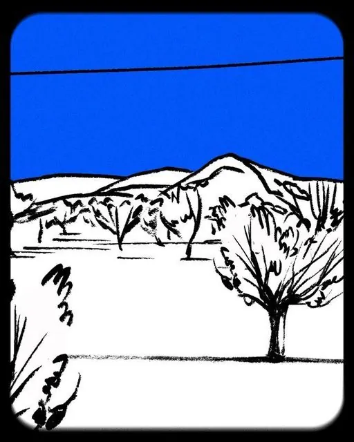 Minimalist line-art landscape with ink sketch texture, line-art, minimal, cool
